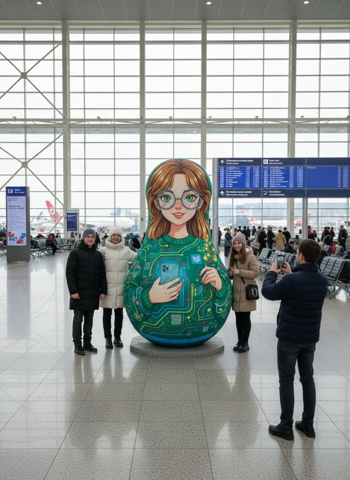 Ростовая Зелёная Матрёшка в зале аэропорта, рядом фотографируются люди